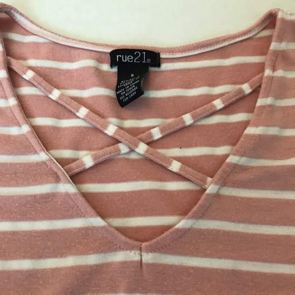 Pink and White Striped Tee with Criss Cross Neck - Picture 2 of 5